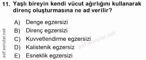 11. soru: Yaşlı bireyin kendi vücut ağırlığını kullanarak direnç oluşturmasına ne ad verilir? A) Denge egzersizi B) Direnç egze…