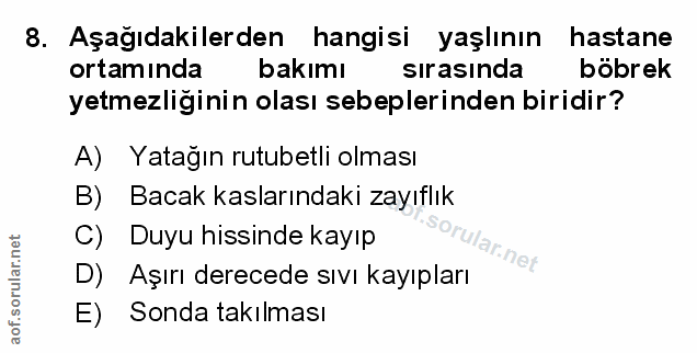 8. soru: Aşağıdakilerden hangisi yaşlının hastane ortamında bakımı sırasında böbrek yetmezliğinin olası sebeplerinden biridir?…