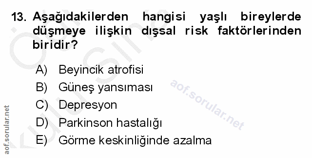 13. soru: Aşağıdakilerden hangisi yaşlı bireylerde düşmeye ilişkin dışsal risk faktörlerinden biridir? A) Beyincik atrofisi B)…