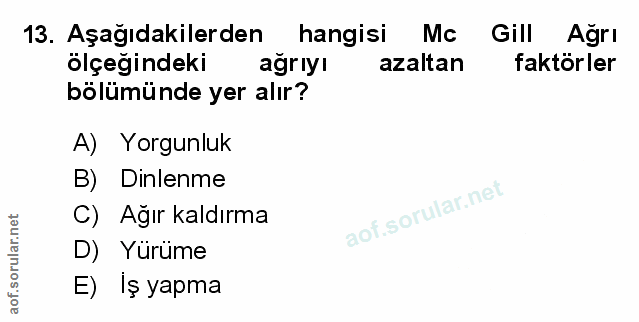 13. soru: Aşağıdakilerden hangisi Mc Gill Ağrı ölçeğindeki ağrıyı azaltan faktörler bölümünde yer alır? A) Yorgunluk B) Dinlenm…