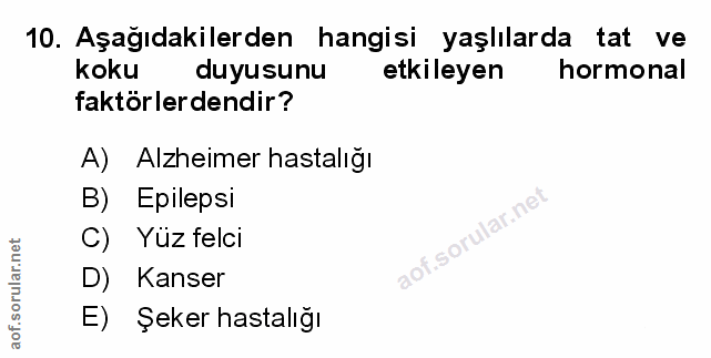 10. soru: Aşağıdakilerden hangisi yaşlılarda tat ve koku duyusunu etkileyen hormonal faktörlerdendir? A) Alzheimer hastalığı B)…