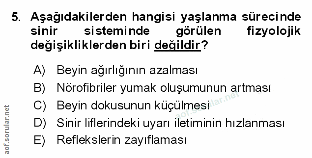 5. soru: Aşağıdakilerden hangisi yaşlanma sürecinde sinir sisteminde görülen fizyolojik degişikliklerden biri değildir? A) Bey…