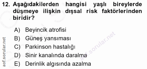 12. soru: Aşağıdakilerden hangisi yaşlı bireylerde düşmeye ilişkin dışsal risk faktörlerinden biridir? A) Beyincik atrofisi B)…