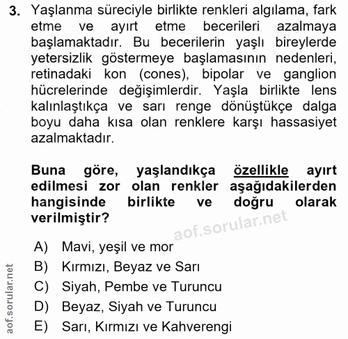 3. soru: Yaşlanma süreciyle birlikte renkleri algılama, fark etme ve ayırt etme becerileri azalmaya başlamaktadır. Bu becerile…