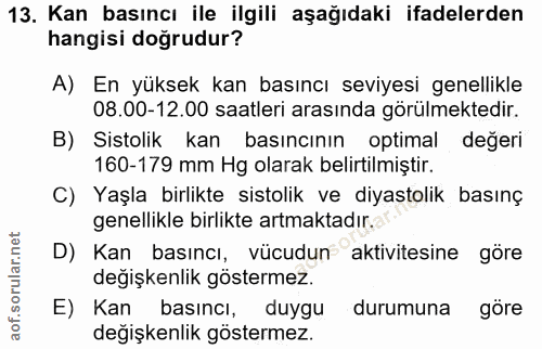 13. soru: Kan basıncı ile ilgili aşağıdaki ifadelerden hangisi doğrudur? A) En yüksek kan basıncı seviyesi genellikle 08.00-12.…