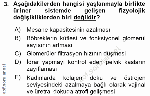 3. soru: Aşağıdakilerden hangisi yaşlanmayla birlikte üriner sistemde gelişen fizyolojik değişikliklerden biri değildir? A) Me…