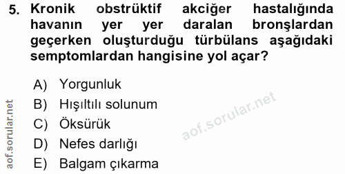 5. soru: Kronik obstrüktif akciğer hastalığında havanın yer yer daralan bronşlardan geçerken oluşturduğu türbülans aşağıdaki s…