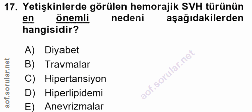 17. soru: Yetişkinlerde görülen hemorajik SVH türünün en önemli nedeni aşağıdakilerden hangisidir? A) Diyabet B) Travmalar C) H…