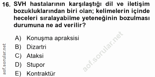 16. soru: SVH hastalarının karşılaştığı dil ve iletişim bozukluklarından biri olan; kelimelerin içinde heceleri sıralayabilme y…