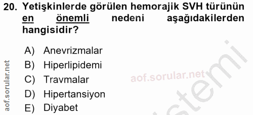 20. soru: Yetişkinlerde görülen hemorajik SVH türünün en önemli nedeni aşağıdakilerden hangisidir? A) Anevrizmalar B) Hiperlipi…