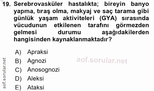 19. soru: Serebrovasküler hastalıkta; bireyin banyo yapma, tıraş olma, makyaj ve saç tarama gibi günlük yaşam aktiviteleri (GYA…
