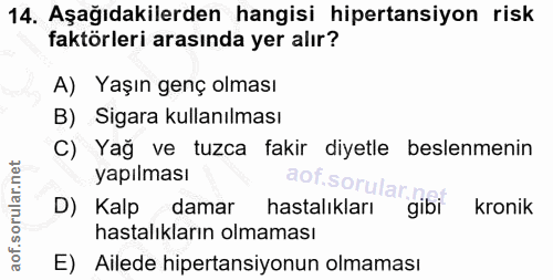 14. soru: Aşağıdakilerden hangisi hipertansiyon risk faktörleri arasında yer alır? A) Yaşın genç olması B) Sigara kullanılması…