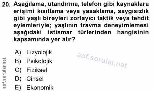 20. soru: Aşağılama, utandırma, telefon gibi kaynaklara erişimi kısıtlama veya yasaklama, saygısızlık gibi yaşlı bireyleri zorl…