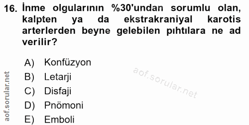 16. soru: Inme olgularının %30 undan sorumlu olan, kalpten ya da ekstrakraniyal karotis arterlerden beyne gelebilen pıhtilara n…
