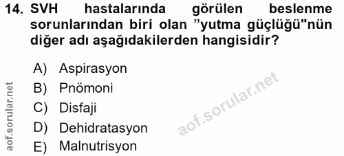 14. soru: SVH hastalarında görülen beslenme sorunlarından biri olan "yutma güçlüğü"nün diğer adı aşağıdakilerden hangisidir? A)…