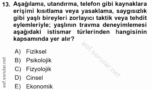13. soru: Aşağılama, utandırma, telefon gibi kaynaklara erişimi kısıtlama veya yasaklama, saygısızlık gibi yaşlı bireyleri zorl…