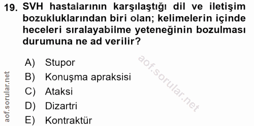 19. soru: SVH hastalarının karşılaştığı dil ve iletişim bozukluklarından biri olan; kelimelerin içinde heceleri sıralayabilme y…