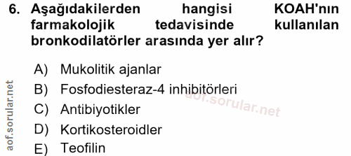 6. soru: Aşağıdakilerden hangisi KOAH'nın farmakolojik tedavisinde kullanılan bronkodilatörler arasında yer alır? A) Mukolitik…