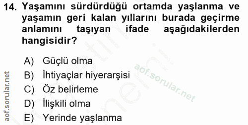14. soru: Yaşamını sürdürdüğü ortamda yaşlanma ve yaşamın geri kalan yıllarını burada geçirme anlamını taşıyan ifade aşağıdakil…