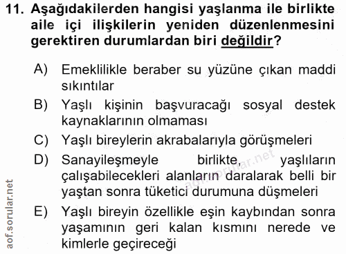 11. soru: Aşağıdakilerden hangisi yaşlanma ile birlikte aile içi ilişkilerin yeniden düzenlenmesini gerektiren durumlardan biri…