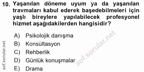 10. soru: Yaşanılan döneme uyum ya da yaşanılan travmaları kabul ederek başedebilmeleri için yaşlı bireylere yapılabilecek prof…