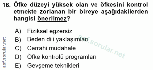 16. soru: Öfke düzeyi yüksek olan ve öfkesini kontrol etmekte zorlanan bir bireye aşağıdakilerden hangisi önerilmez? A) Fizikse…
