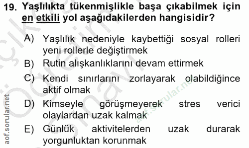 19. soru: Yaşlılıkta tükenmişlikle başa çıkabilmek için en etkili yol aşağıdakilerden hangisidir? A) Yaşlılık nedeniyle kaybett…