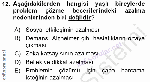 12. soru: Aşağıdakilerden hangisi yaşlı bireylerde problem çözme becerilerindeki azalma nedenlerinden biri değildir? A) Sosyal…