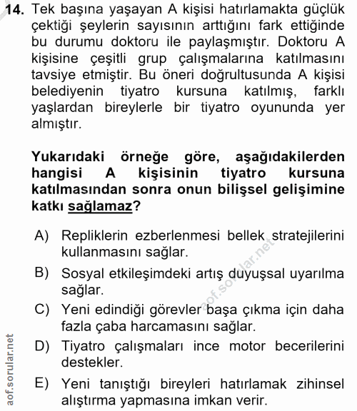 14. soru: Tek başına yaşayan A kişisi hatırlamakta güçlük çektıği şeylerin sayısının arttığını fark ettiginde bu durumu doktoru…