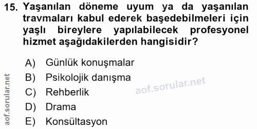 15. soru: Yaşanılan döneme uyum ya da yaşanılan travmaları kabul ederek başedebilmeleri için yaşlı bireylere yapılabilecek prof…