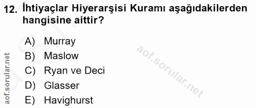 12. soru: İhtiyaçlar Hiyerarşisi Kuramı aşağıdakilerden hangisine aittir? A) Murray B) Maslow C) Ryan ve Deci D) Glasser E) Hav…