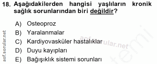 18. soru: Aşağıdakilerden hangisi yaşlıların kronik sağlık sorunlarından biri değildir? A) Osteoproz B) Yaralanmalar c) Kardiyo…