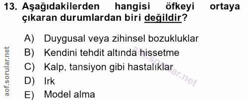13. soru: Aşağıdakilerden hangisi öfkeyi ortaya çıkaran durumlardan biri değildir? A) Duygusal veya zihinsel bozukluklar B) Ken…