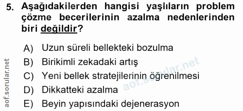 5. soru: Aşağıdakilerden hangisi yaşlıların problem çözme becerilerinin azalma nedenlerinden biri değildir? A) Uzun süreli bel…