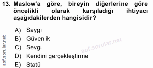 13. soru: Maslow'a göre, bireyin diğerlerine göre öncelikli olarak karşıladığı ihtiyacı aşağıdakilerden hangisidir? A) Saygi B)…