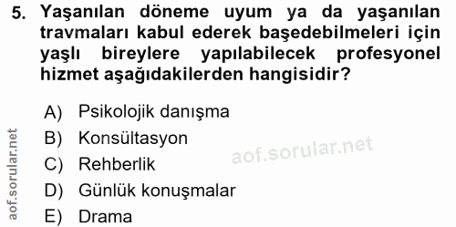 5. soru: Yaşanılan döneme uyum ya da yaşanılan travmaları kabul ederek başedebilmeleri için yaşlı bireylere yapılabilecek prof…
