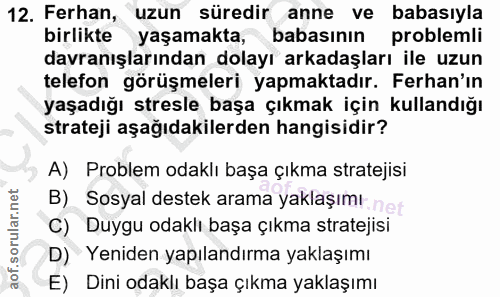 12. soru: Ferhan, uzun süredir anne ve babasıyla birlikte yaşamakta, babasının problemli davranışlarından dolayı arkadaşları il…