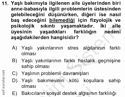 11. soru: Yaşlı bakımıyla ilgilenen aile üyelerinden biri anne-babasıyla ilgili problemlerin üstesinden gelebileceğini düşünürk…