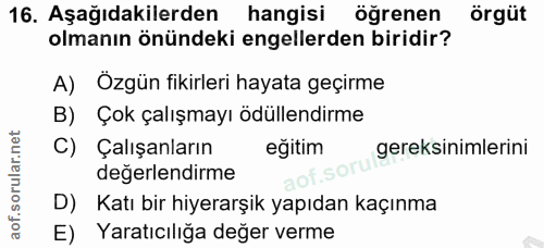 16. soru: Aşağıdakilerden hangisi öğrenen örgüt olmanın önündeki engellerden biridir? A) Ozgün fikirleri hayata geçirme B) Çok…