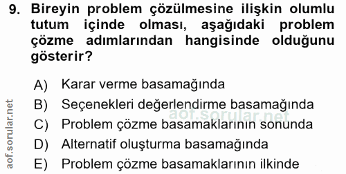 9. soru: Bireyin problem çözülmesine ilişkin olumlu tutum içinde olması, aşağıdaki problem çözme adımlarından hangisinde olduğ…