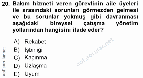 20. soru: Bakım hizmeti veren görevlinin aile üyeleri ile arasındaki sorunları görmezden gelmesi ve bu sorunlar yokmuş gibi dav…