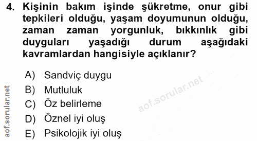 4. soru: Kişinin bakım işinde şükretme, onur gibi tepkileri olduğu, yaşam doyumunun olduğu, zaman zaman yorgunluk, bıkkınlık g…