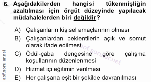 6. soru: Aşağıdakilerden hangisi tükenmişliğin azaltılması için örgüt düzeyinde yapılacak müdahalelerden biri değildir? A) Çal…