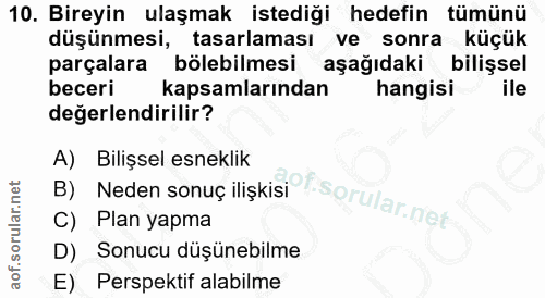 10. soru: Bireyin ulaşmak istediği hedefin tümünü düşünmesi, tasarlaması ve sonra küçük parçalara bölebilmesi l aşağıdaki biliş…