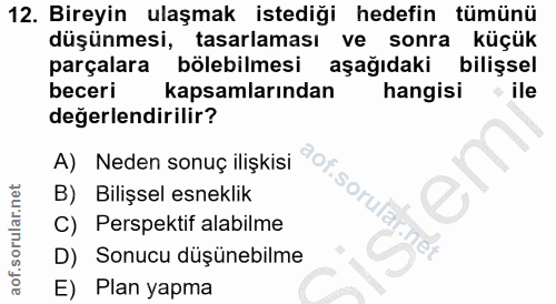 12. soru: Bireyin ulaşmak istediği hedefin tümünü düşünmesi, tasarlaması ve sonra küçük parçalara bölebilmesi aşağıdaki bilişse…