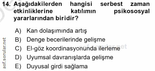 14. soru: Aşağıdakilerden hangisi serbest zaman etkinliklerine katılımın psikososyal yararlarından biridir? A) Kan dolaşımında…