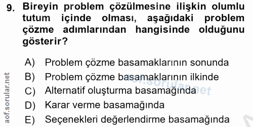 9. soru: Bireyin problem çözülmesine ilişkin olumlu tutum içinde olması, aşağıdaki problem çözme adımlarından hangisinde olduğ…