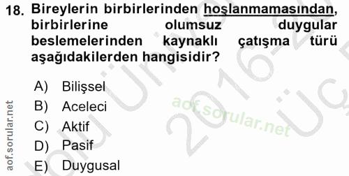 18. soru: Bireylerin birbirlerinden hoşlanmamasından, birbirlerine olumsuz duygular beslemelerinden kaynaklı çatışma türü aşağı…