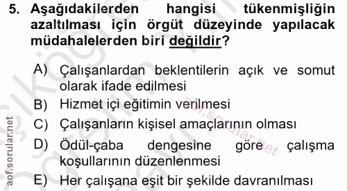 5. soru: Aşağıdakilerden hangisi tükenmişliğin azaltılması için örgüt düzeyinde yapılacak müdahalelerden biri değildir? A) Çal…