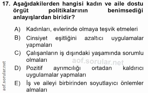 17. soru: Aşağıdakilerden hangisi kadın ve aile dostu örgüt politikalarının benimsediği anlayışlardan biridir? A) Kadınları, ev…